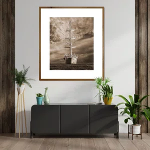 Quadro Rústico com Proposta Náutica Navio em Tom Sépia 70x80 cm