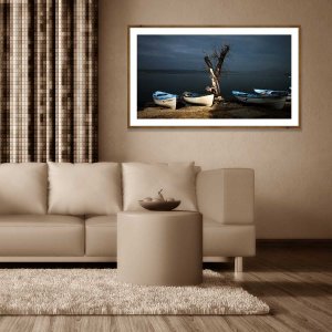 Quadro Rústico Paisagem Barcos com Detalhes Azuis 120x70 cm