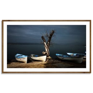 Quadro Rústico Paisagem Barcos com Detalhes Azuis 120x70 cm Quadro Rústico Paisagem Barcos com Detalhes Azuis 120x70 cm