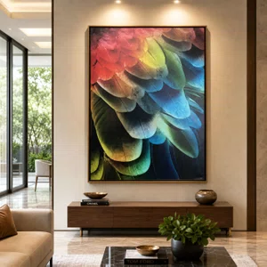 Quadro Tela Canvas Arte Abstrata Penas de Arara Colorida Sofisticada 90x120 CM