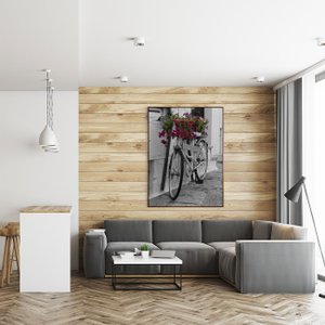 Quadro Tela Canvas Bicicleta em Preto e Branco Flores Coloridas 90x120 cm