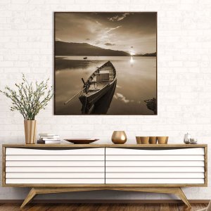 Quadro Tela Canvas Paisagem com Barco em Tom Sépia - Vários Tamanhos Quadro Tela Canvas Paisagem com Barco em Tom Sépia - Vários Tamanhos