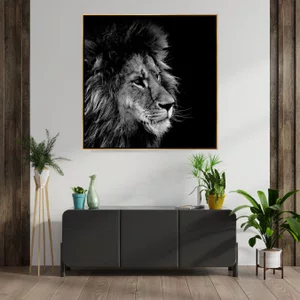 Tela Canvas Arte Leão em Preto e Branco 120x120 cm