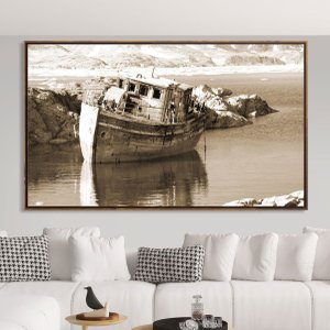 Tela Canvas em Tom Sépia Paisagem com Barco Abandonado 170x100 cm Tela Canvas em Tom Sépia Paisagem com Barco Abandonado 170x100 cm