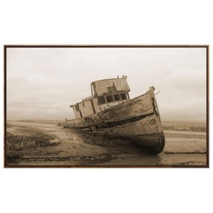 Tela Canvas em Tom Sépia Paisagem com Barco Naufragado 170x100 cm Tela Canvas em Tom Sépia Paisagem com Barco Naufragado 170x100 cm
