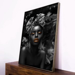 Tela Canvas Preto e Branco com Moldura Prata Arte Africana 90x120 cm