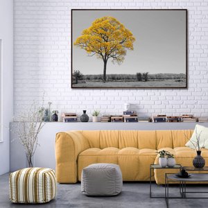 Tela Canvas Decorativa em Preto e Branco Destaque Colorido Ipê Amarelo