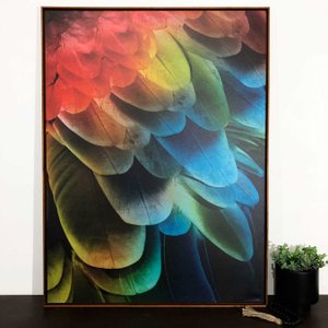 Tela em Canvas Arte Abstrata Penas de Arara: Elegância com Moldura Marrom Tela em Canvas Arte Abstrata Penas de Arara: Elegância com Moldura Marrom