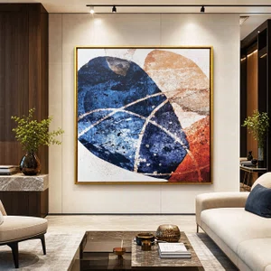 Tela em Canvas com Moldura Dourada: Arte Abstrata Cores Vibrantes 125x125 cm