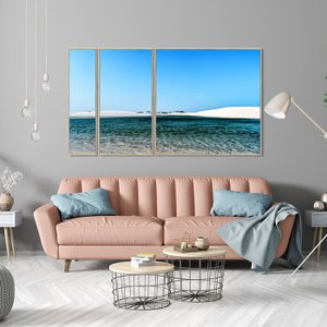 Trio de Quadros Tela Canvas com Moldura Paisagem Lagoa Dunas 220x120 cm Trio de Quadros Tela Canvas com Moldura Paisagem Lagoa Dunas 220x120 cm