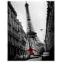Gravura Poster para Quadros Mulher de Vermelho Pulando na Rua Torre Eiffel 40x50cm