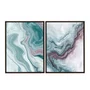 Kit de Quadros Abstratos Arte Fluida Tons de Verde Água e Lílas Estilo Mármore