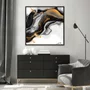 Quadro Abstrato Moderno Preto e Ouro Fluido e Elegante com Moldura e Vidro