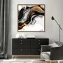 Quadro Abstrato Moderno Preto e Ouro Fluido e Elegante com Moldura e Vidro