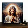 Quadro de Jesus em Canvas com Moldura Preta Arte Estilo Geométrica Colorida