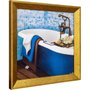 Quadro Decorativo com Moldura Dourada Banheira Branca e Azul com Toalhas Coloridas 30x30cm