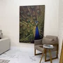 Quadro Decorativo Pavão Majestoso em Azul e Dourado com Moldura Dourada 120x180 cm