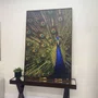 Quadro Decorativo Pavão Majestoso em Azul e Dourado com Moldura Dourada 120x180 cm