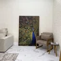 Quadro Decorativo Pavão Majestoso em Azul e Dourado com Moldura Dourada 120x180 cm