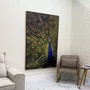 Quadro Decorativo Pavão Majestoso em Azul e Dourado com Moldura Dourada 120x180 cm