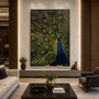 Quadro Decorativo Pavão Majestoso em Azul e Dourado com Moldura Dourada 120x180 cm