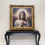 Tela Canvas com Moldura Clássica Dourada Arte Jesus Geométrica Colorida
