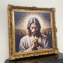 Tela Canvas com Moldura Clássica Dourada Arte Jesus Geométrica Colorida